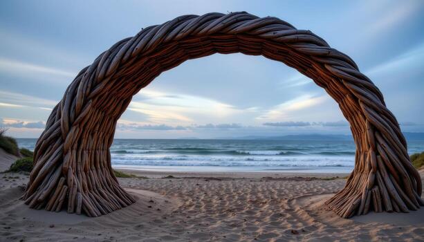 a spiraling wooden arch resembling a seashell, standing at the edge of a quiet beach. photo