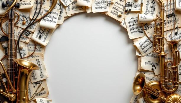 a music themed arch embedded with sheet music, strings, and polished brass instruments. photo