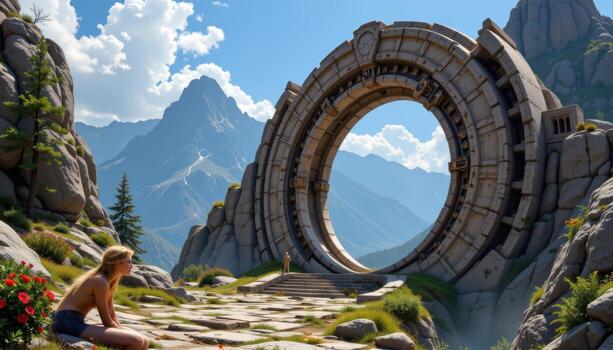 a high fantasy arch embedded in a mountain, adorned with runes and sacred artifacts. photo