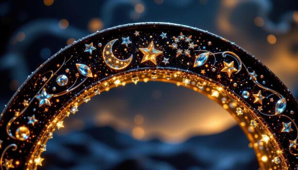 a celestial themed arch trimmed with star shaped crystals and swirling galaxy patterns etched along its curve. photo
