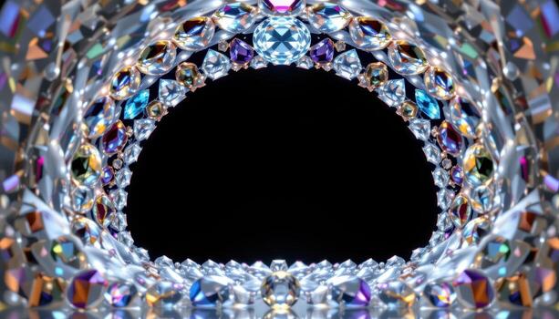 a crystal arch with prismatic reflections and rows of floating gems circling the frame. photo