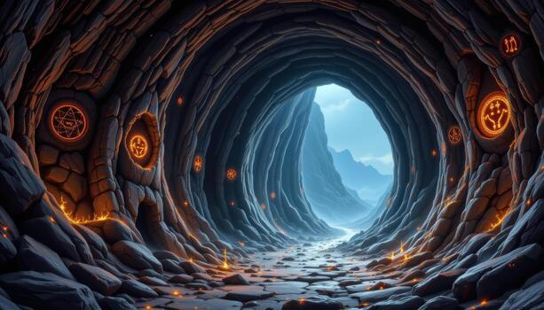 a cave like arch lined with glowing crystals, jagged rock formations, and ancient symbols. photo