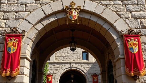 a medieval archway decorated with shield emblems, crests, and softly waving fabric banners. photo
