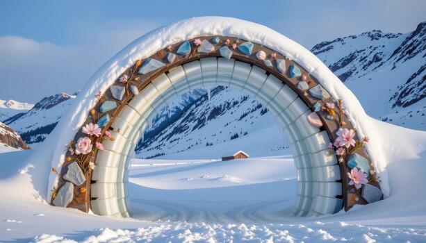 a snowy mountain archway built from ice blocks, adorned with quartz chunks and frozen floral patterns. photo