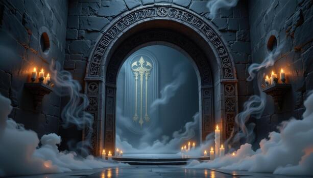 a black marble archway inscribed with ancient sigils, surrounded by floating candles and shimmering mist. photo
