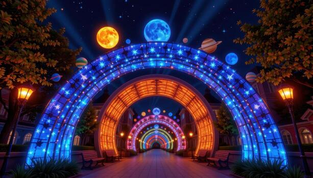 a celestial themed arch with star shaped lanterns and glowing planetary models orbiting its crown. photo