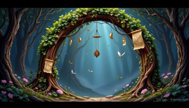 a mystical archway built from intertwined tree branches, decorated with wind chimes and fluttering parchment spells. photo