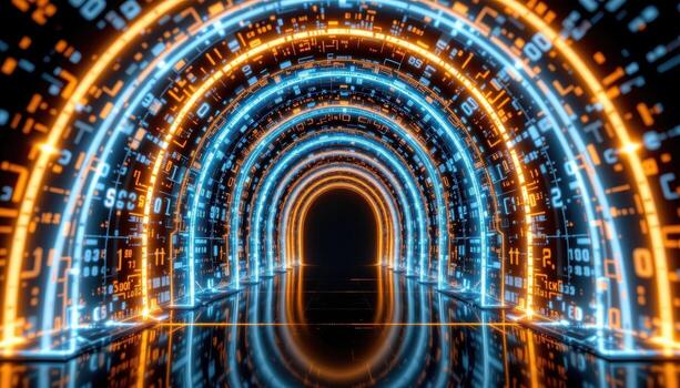 a mirror like digital archway outlined with holographic trim and embedded binary codes. photo
