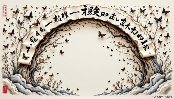 un papel arco cubierto en caligrafía pergaminos, tinta dibujos, y pergamino revolotea foto