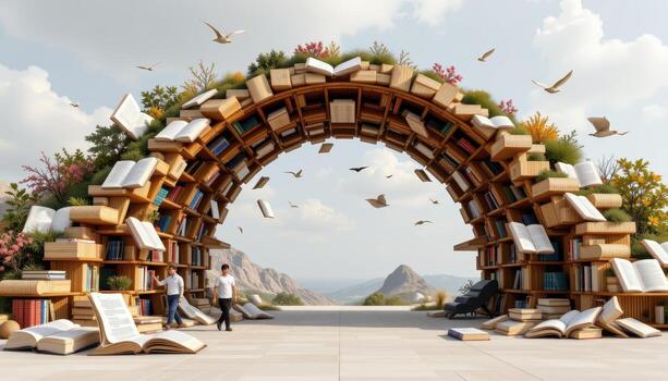 a library inspired arch filled with open books, floating pages, and ink bottles embedded in the structure. photo