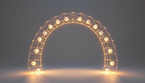 a minimalist wireframe arch floating in a void, with glowing spheres tracing its silhouette. photo