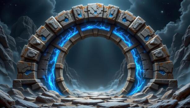 a magical arch made from floating stone shards arranged in perfect symmetry, glowing faintly with blue runes. photo