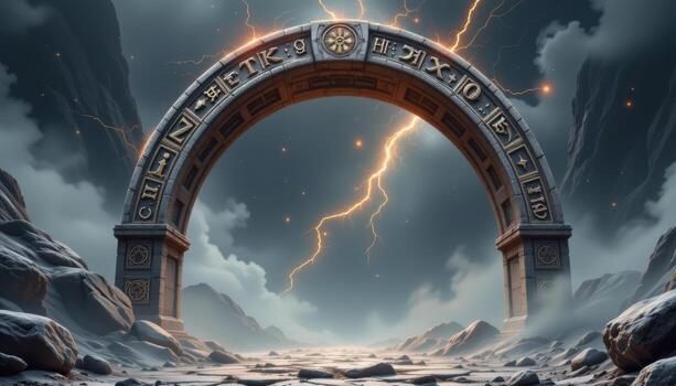 a mystical arch with levitating rune stones and soft magical light emanating from engraved symbols. photo