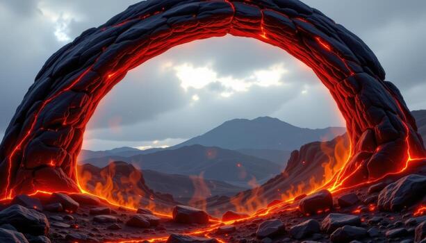 a volcanic stone arch emitting faint heat, with embedded obsidian crystals and glowing lava like veins. photo