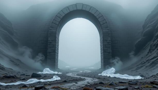 a fog shrouded archway made of dark stone, with ghostly white fabric drifting around its base. photo