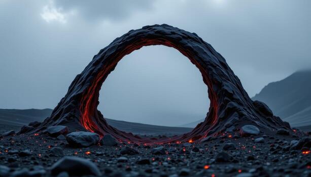 a charcoal arch lit from within, surrounded by glowing ash like particles and sculpted volcanic glass. photo