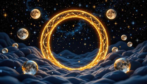 a lunar arch etched with constellations, shimmering under a starlit sky, surrounded by floating glass moons. photo
