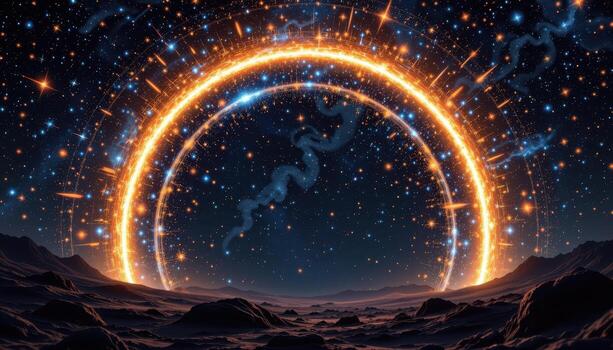 a cosmic arch outlined in starlight, surrounded by floating rings of dust and shimmering meteor fragments. photo