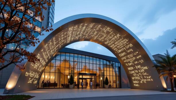 a sleek arch of silver metal with embedded lights tracing its shape and glass panels reflecting the surroundings. photo