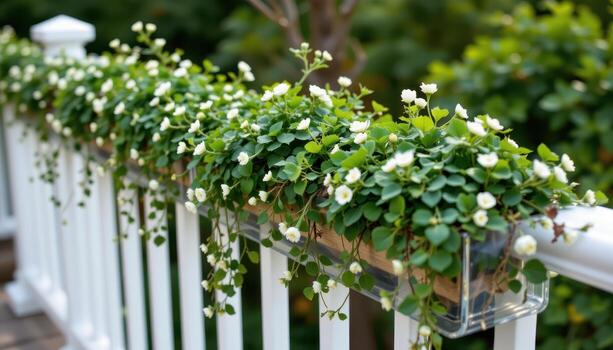 a minimalist railing decorated with clear box planters growing creeping greenery and tiny white buds. photo