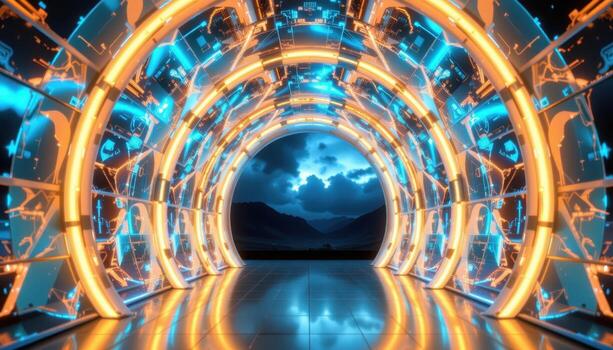 a digital arch composed of glass panels and neon outlines, pulsing with rhythm and reflecting a holographic sky. photo