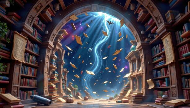 a cosmic library arch filled with levitating books, star maps, and floating scrolls. photo