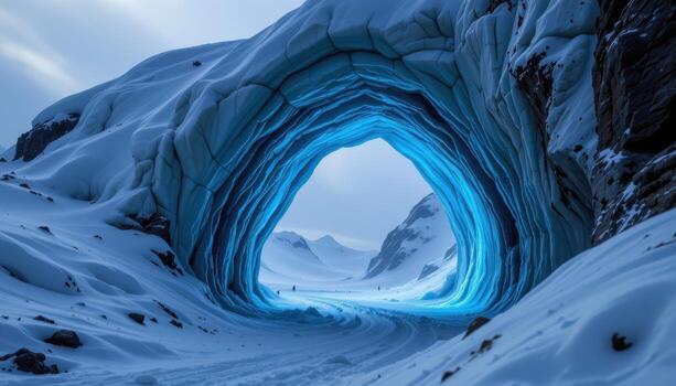 a jagged ice arch lined with blue firelight and ancient inscriptions frozen beneath its surface. photo