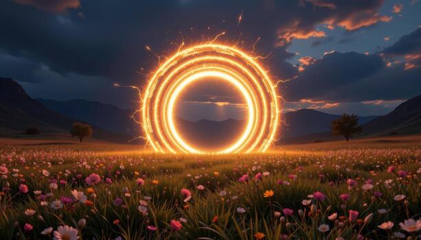 a radiant energy arch floating in a sacred field, composed of concentric glowing rings and luminous runes. photo