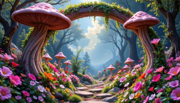 a fantasy garden arch built from giant mushrooms and pastel flora, softly glowing from within. photo