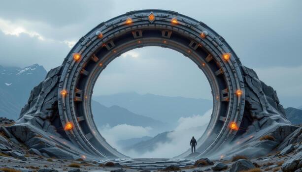 a hollow metallic arch encircled by rotating rings and adorned with softly glowing runes. photo