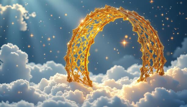 a gold lace arch floating on a bed of clouds, shimmering under celestial light beams. photo