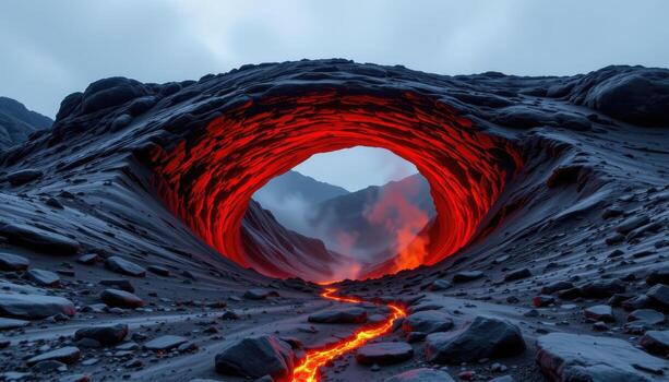 a volcanic arch shaped from cooled magma rock, glowing red cracks and steam escaping from its surface. photo