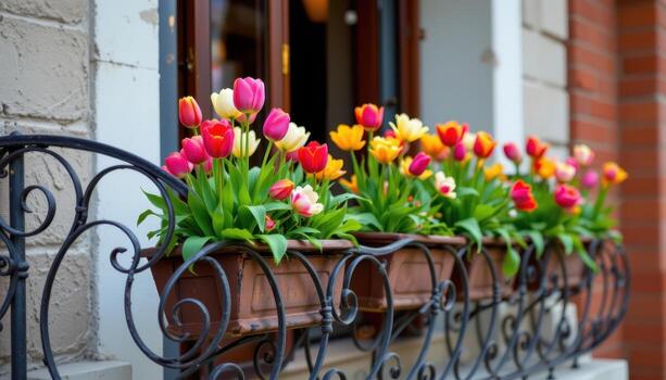 colorful tulips grow in long planter boxes mounted on a curved balcony railing with intricate metal scrollwork. photo