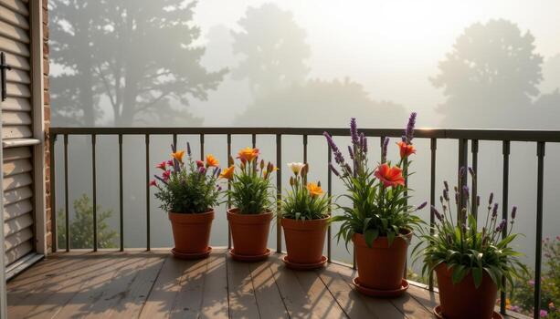 a balcony in morning fog, with shadowy outlines of flower pots filled with lilies and lavender along the railing. photo