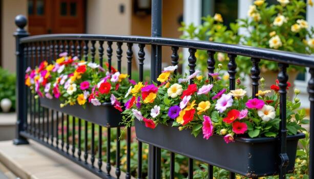 a curved iron railing holding long box planters with vivid flowers arranged in rainbow gradient. photo