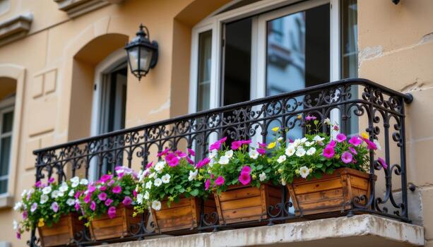 a vintage tiled balcony with ornate railing, lined with rectangular wooden planters of jasmine and pansies. photo