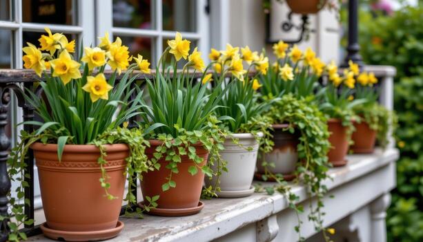 a rectangular balcony rail lined with weathered pots full of daffodils and creeping mint. photo