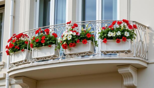 a curved balcony with ornate rail, each segment holding rectangular flower boxes of red geraniums and white lilies. photo