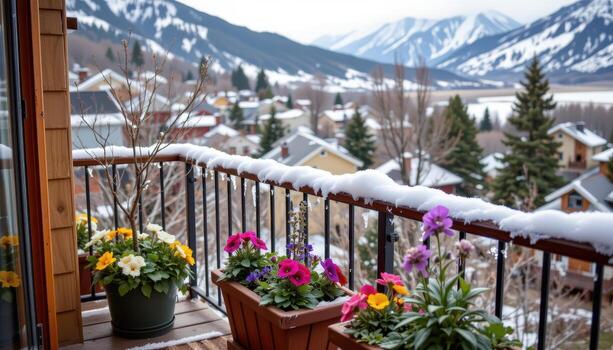 a high altitude balcony with frost dusted railing and planters of cool season pansies and sage. photo