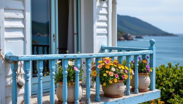 a seaside balcony with blue painted rails and shell decorated pots filled with wildflowers and salty breeze. photo