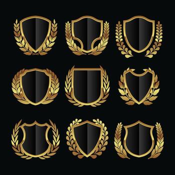Set of Luxury Golden Shields Badge Label Set Collection with Laurel Wreath Leaves Icon Label Design. Concept of Secure Protection Badge. Realistic Web Security and Guarding System Badge. vector