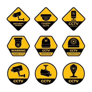 Set of CCTV warning label, cctv sign set collection. Attention in operation. CCTV and security camera signs in yellow and black. Surveillance icons and warning labels. monitoring zones security system vector
