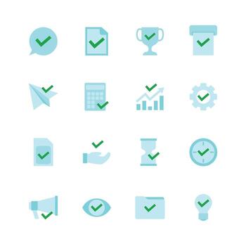 Set of Approval Check Mark icon set collection with thin line outline. The icons set Approval sign, approve symbol. Labeled bubble, note, trophy, airplane, calculator, hand, speaker, clock, time,lamp vector