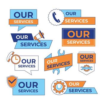 Set of Our Services Banner Design Set Collection, customer service support label emblem with shield, gears, clock and speaker icon. Marketing Information Solution Support Badge vector