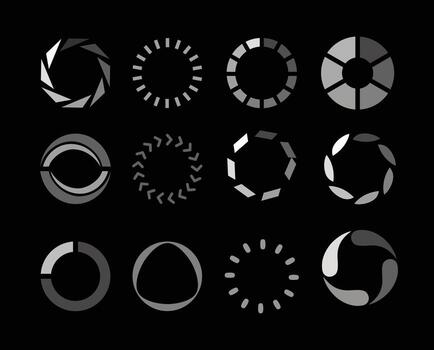 Set of Isolated loading icons collection on black background, load bar icons in a row, Buffer loader or preloaded. Download or Upload. Collection of simple web download vector