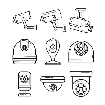 Set of Security Camera CCTV Outline Set Collection, CCTV Line Art Element Objects. Webcam Surveillance System Control Protection. Flat Style Icon Illustration vector