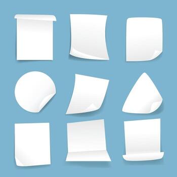 Set of blank realistic white paper stickers of different shapes banner isolated on white background. Round, oval, square, rectangular shapes. Copy space. Stickers or patches for preview tags, labels. vector