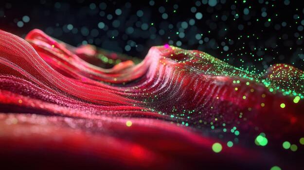Abstract red undulating surface with glowing particles photo