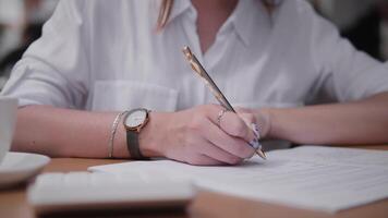 un' attività commerciale professionale si concentra su scrittura Appunti e completando lavoro d'ufficio nel un' moderno collaborativo spazio di lavoro durante il pomeriggio ore. video