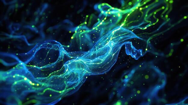 Abstract swirling patterns of vibrant teal and lime green particles in a dark background photo